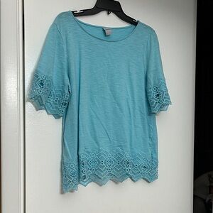 Chico's Aqua Blue Lace-Hem Short Sleeve Tee